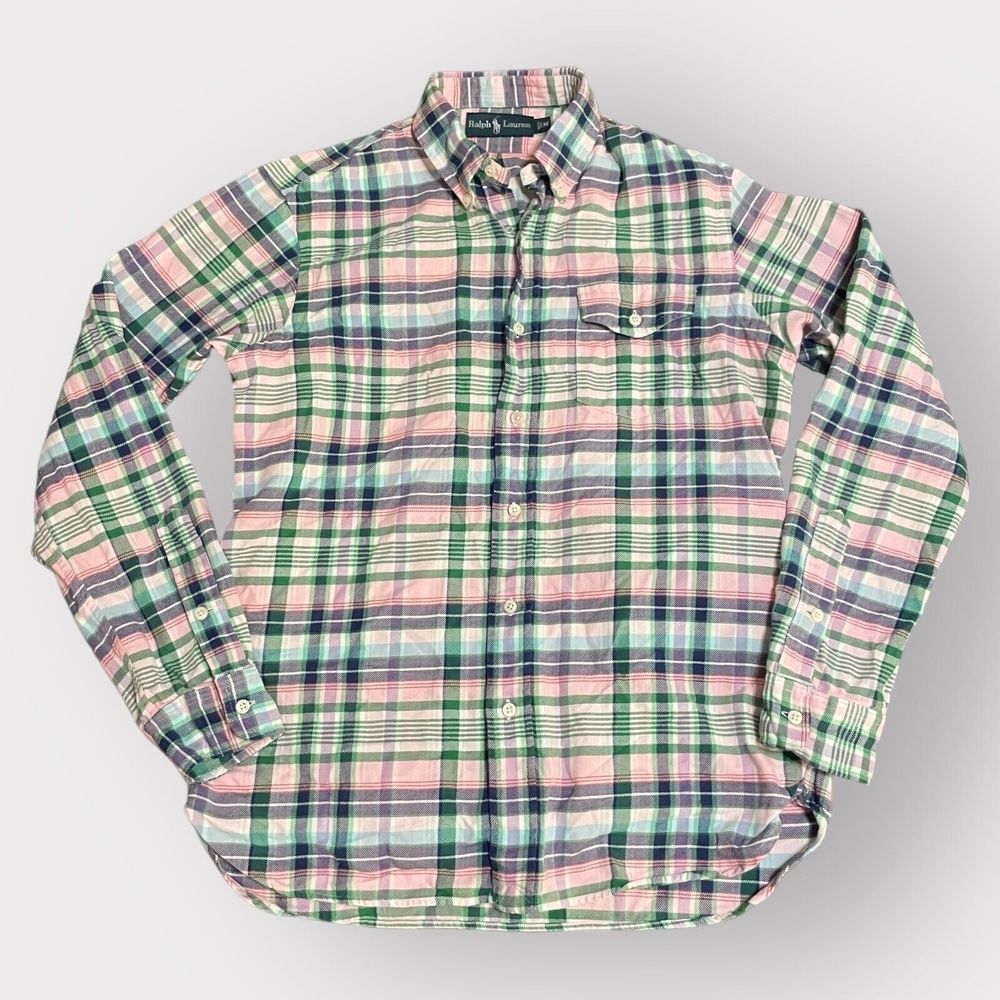 Vintage Ralph Lauren Flannel Button Up Shirt | Pink & Green Plaid | Pocket | MED